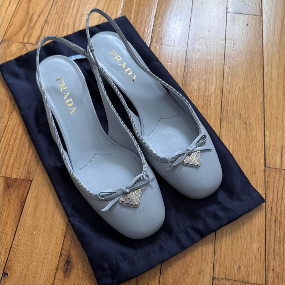 PRADA Triangle Logo Bow Leather Slingback Ballerina Pumps Heels Sandals